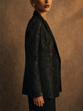 Women Black Crinkle Textured Double Breasted Blazer Jacket