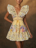 Women Floral V Neck Ruffle Sleeve Backless Boho Mini Dress