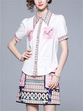 Women's 2Pcs Geometry Print Lapel Shirt & Skirt Set