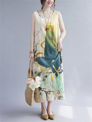 Summer Breathable Cozy Print Linen Tank Dress for Female