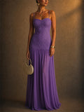 Women Elegant Lace Chiffon Spaghetti Strap Maxi Dress