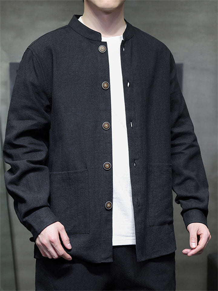 Men's Ramine Cotton Solid Color Stand Collar Fleece Lined Jacket