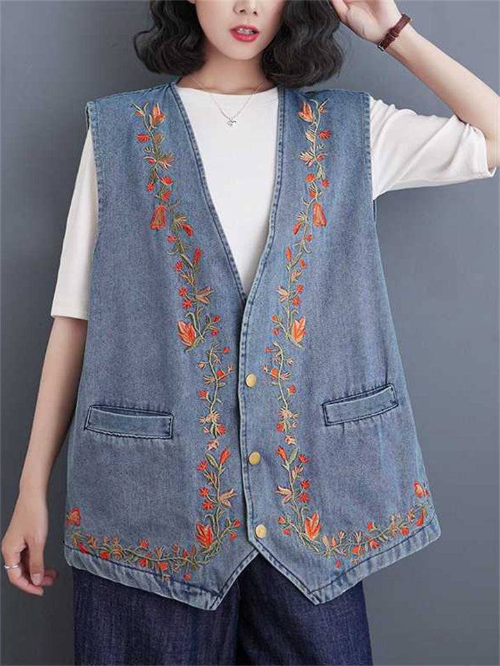 Women's Floral Embroidery Sleeveless V-Neck Denim Jacket