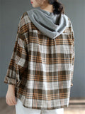 Women's Retro Plaid Contrast Color Long Sleeve Hooded Shirts