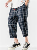 Summer Men's Plaid Casual Cropped Distressed Pants