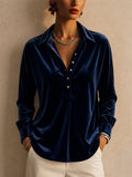 Womens Velvet Collared Long Sleeve Relaxed Blouse