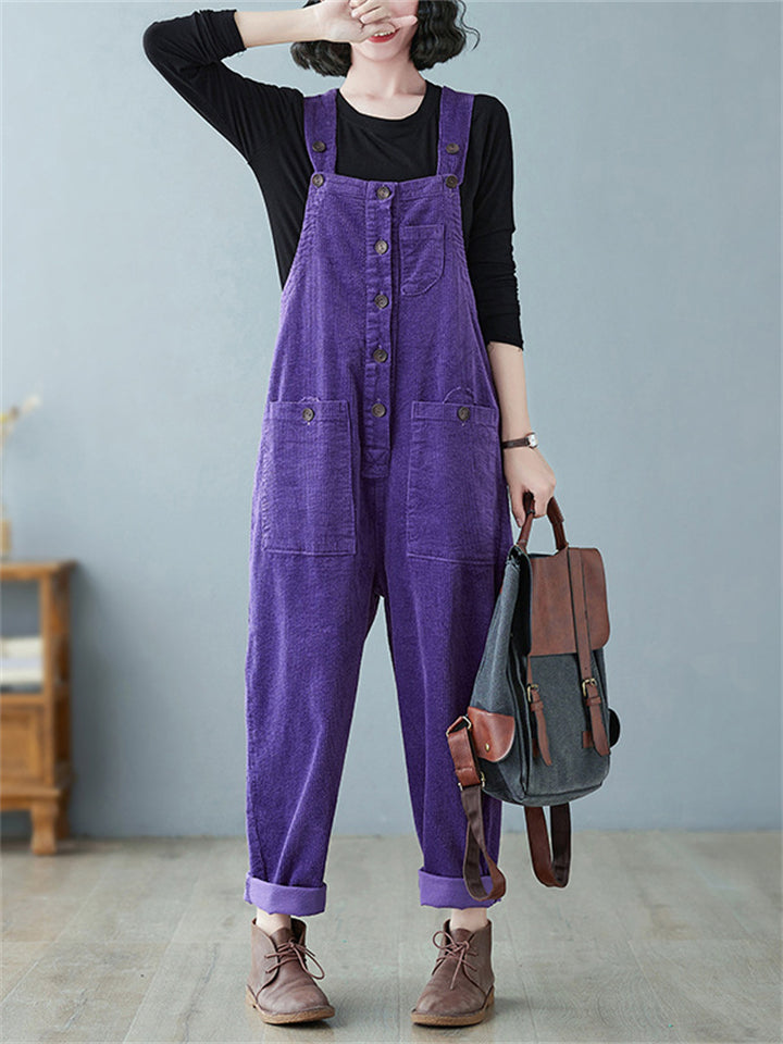 Women's Cute Square Neck Patch Pocket Corduroy Overalls