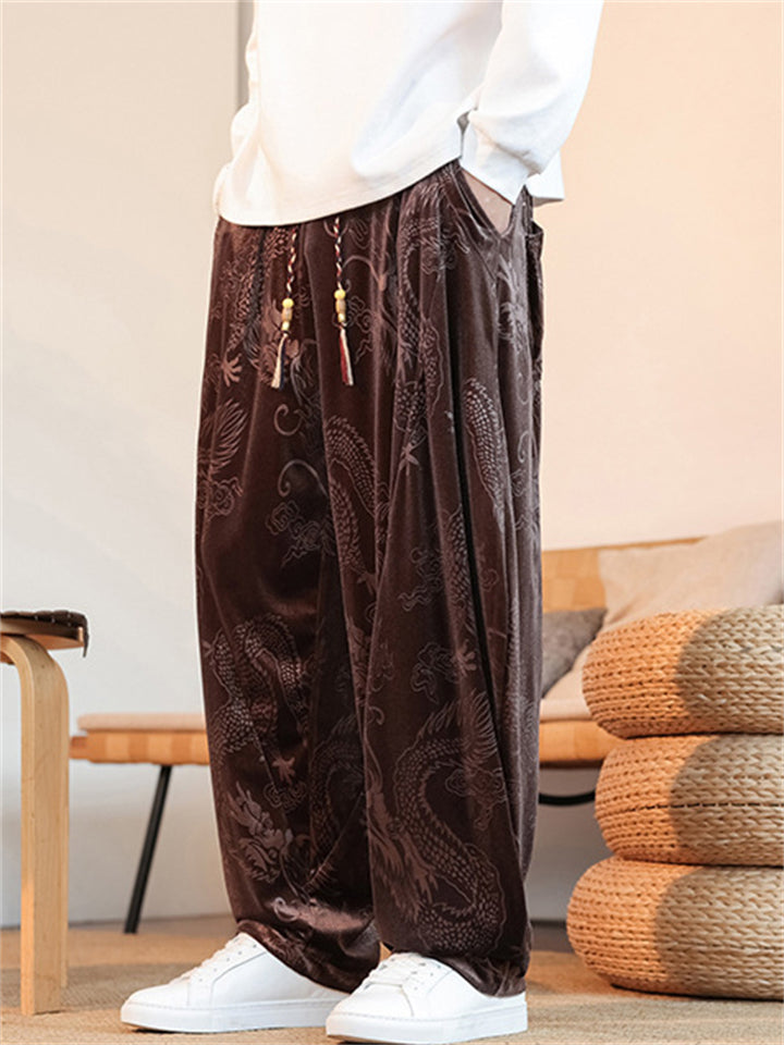Men's Autumn Chinese Style Loong Pattern Velvet Wide Leg Pants