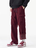 Winter Warm Fleece Lined Cargo Pocket Drawstring Men Casual Pants