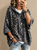 Women Leopard Print Oversized Pullover Hooded Poncho Knit Sweater