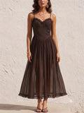 Women Coffee Elegant Flowy Lace Corset Pleated Maxi Dress