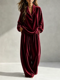 Women Velvet Lounge Set Half Button Notch Collar Top and Wide Leg Pants