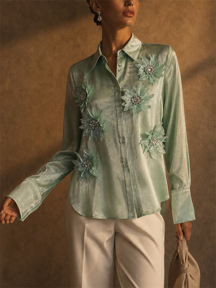 Women Metallic 3D Floral Button Down Long Sleeve Party Top