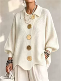 Women Oversized Knit Cardigan Gold Button Collared Sweater