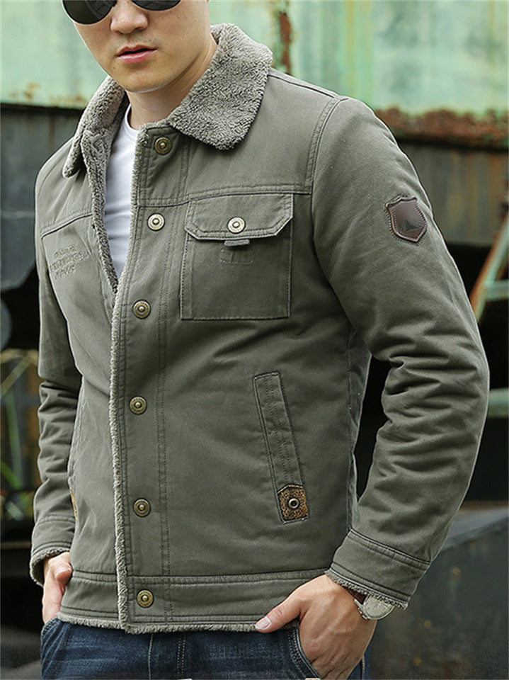 Men's Winter Fleeced Solid Color Lapel Pockets Cargo Coats