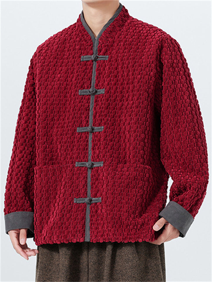 Men's Winter Plush Contrast Color Button Up Long Sleeve TangSuit Jackets