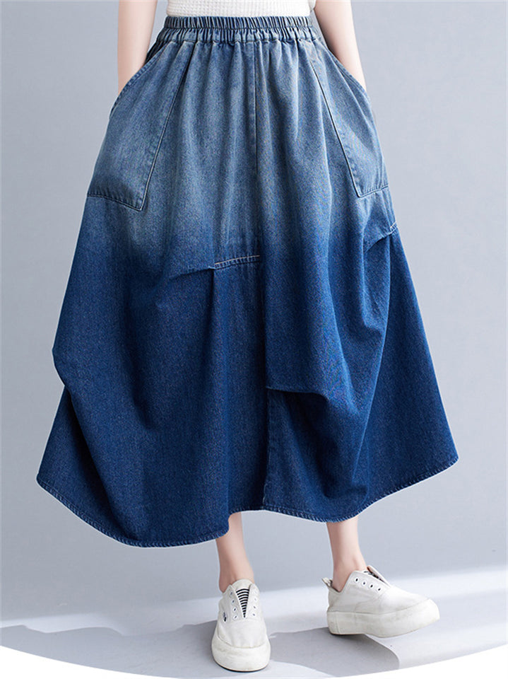 Summer Women's Elastic Waist Gradient Denim Skirts