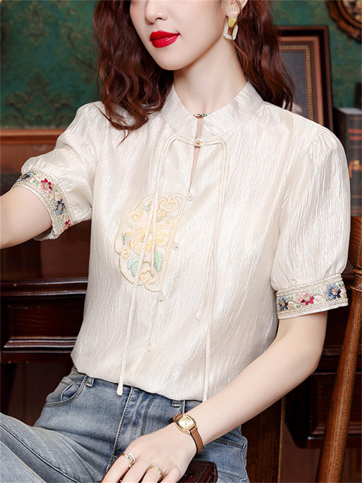 Chinese Style Elegant Embroidery Stand Collar Short Sleeve Shirt for Women