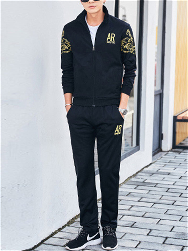 Men's Autumn Printed Casual Zip Up Sports Sweatshirts and Sweatpants Outfits