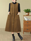 Women's Solid Color Round Neck Pockets Corduroy Vest Dress