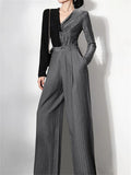 Women's Gray Stripe High-Waist Office Wide Leg Pants