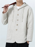 Men's Autumn Casual Solid Color Linen Hooded Long Sleeve Jackets