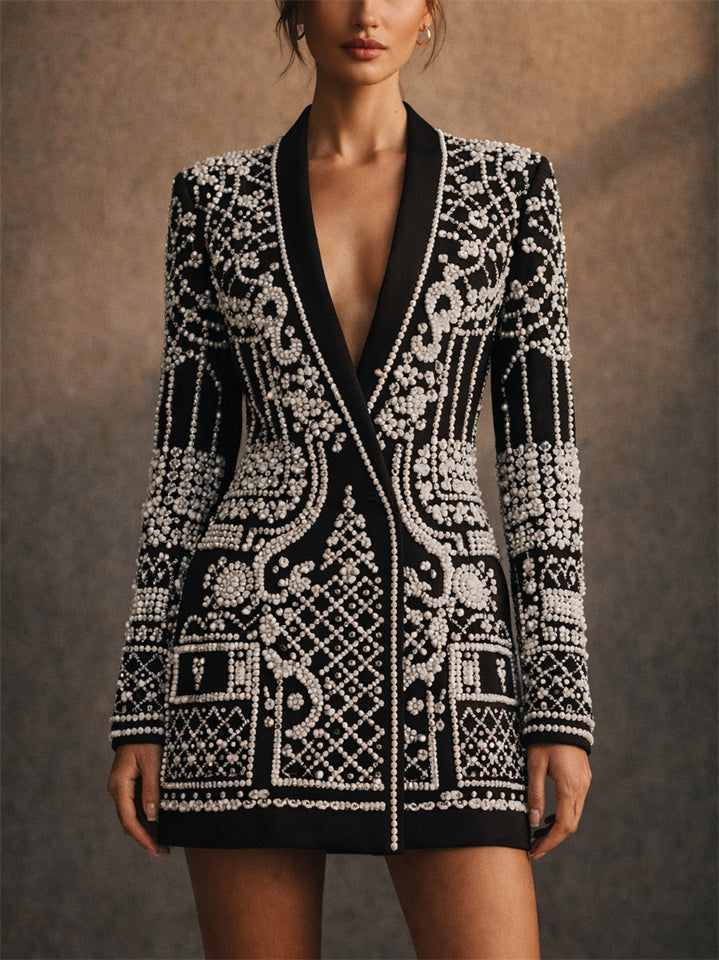 Women's Chic V Neck Luxury Baroque Rhinestone Beads Blazer