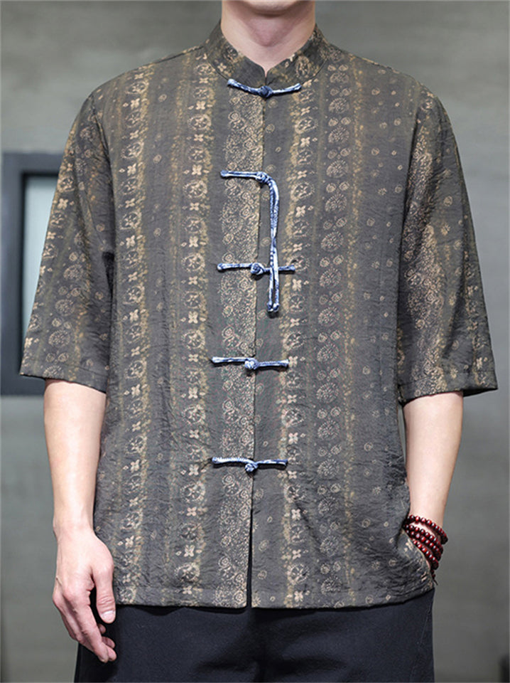 Men's Summer Retro Cotton Linen Print Short Sleeve Tang Suit Shirts