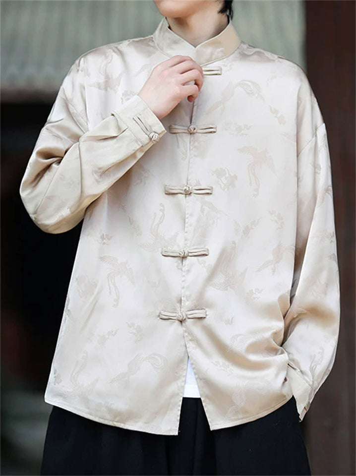 Men's Chinese Style Brocade Phoenix Jacquard Loose Fit Long Sleeve Shirts