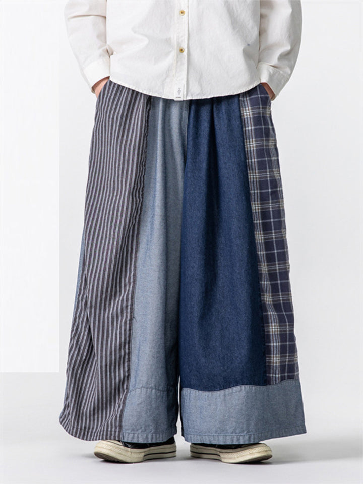 Men's Casual Plaid Stripe Patchwork Wide Leg Cropped Pants
