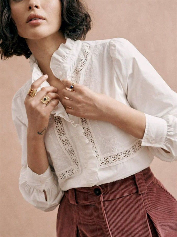 Women's Elegant Autumn Cotton Striped Hollow Stand Collar Long Sleeve Shirts