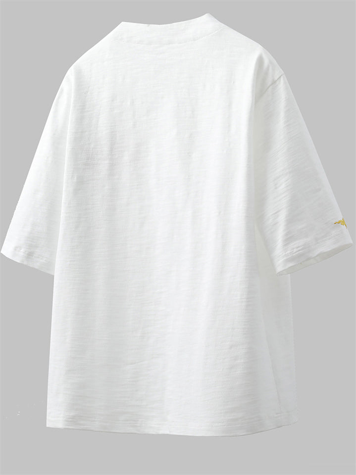 Men's Chinese Style Summer Quarter Button Lotus Embroidery Shirts