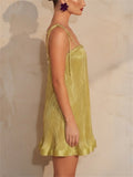 Women Gold Metallic Pleated Tie Shoulder Mini Party Dress
