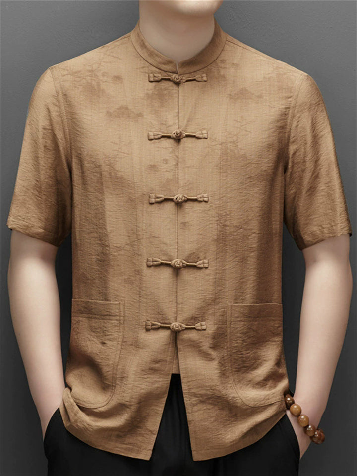 Men's Chinese-style Stand Collar Short Sleeve Pockets TangSuit Shirt