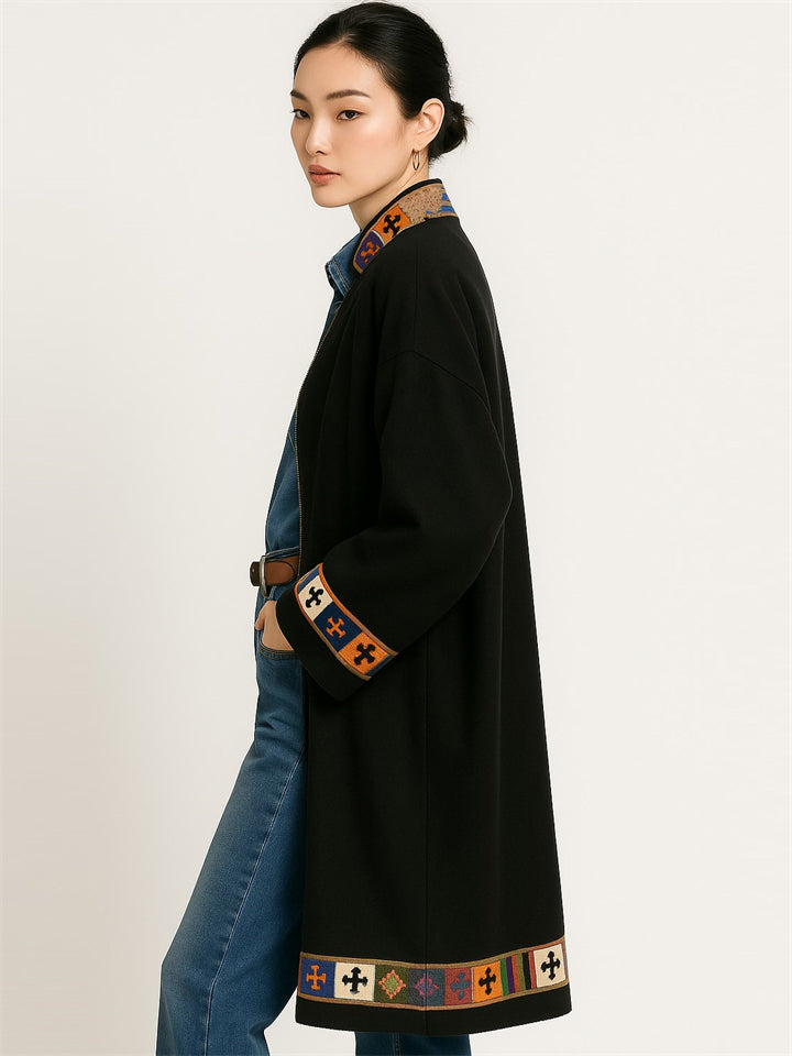 Women's Ethnic Style Trimmings Patchwork Black Cardigan Coat