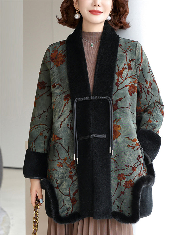 Chinese Style Winter Mink Fur Patchwork Print Coat for Women