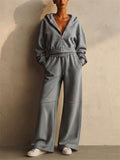 Women Exposed Seams Cropped Zip Hoodie and Wide Leg Pants Lounge Set
