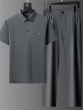 Men's 2Pcs Summer Cool Polo Collar Seamless Solid Color Outfits