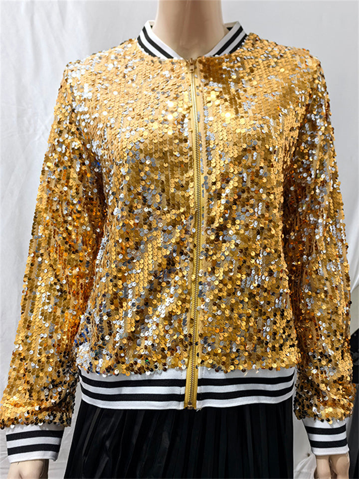 Women's Casual Contrast Color Sequin Stand Collar Zip Jacket