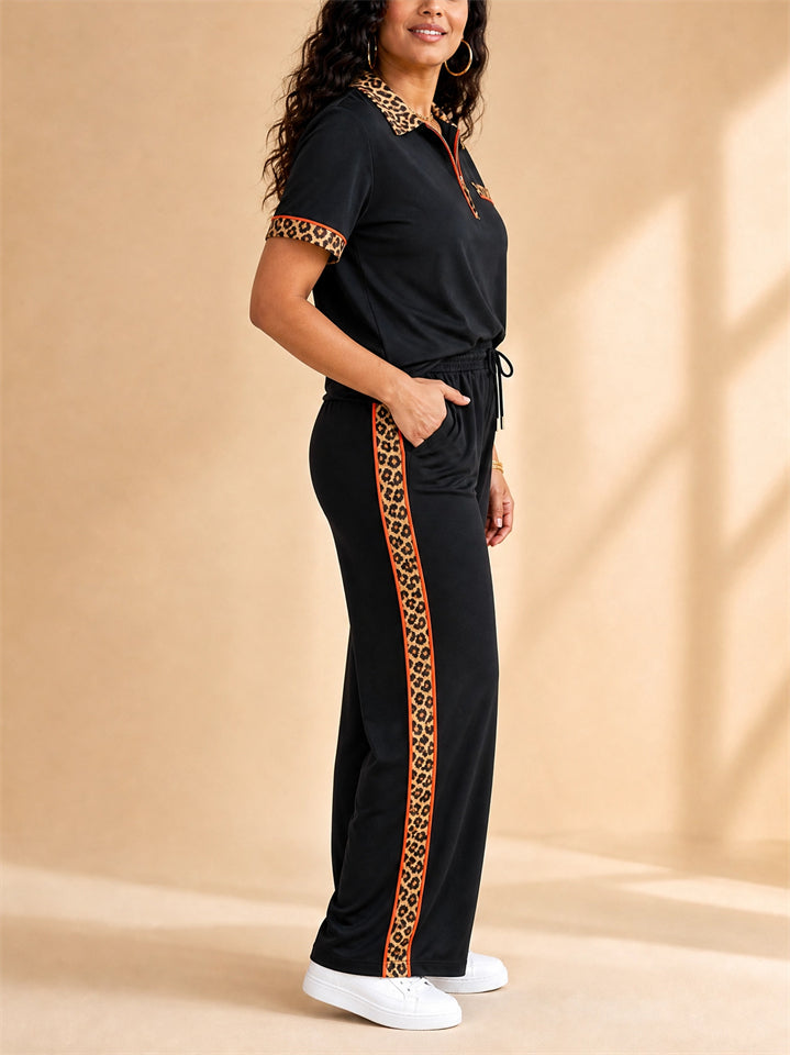 Women Casual Leopard Trim 2 Piece Tracksuit Set