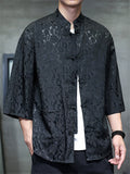 Men's Summer Cool Roses Jacquard Frog Button 3/4 Sleeve Tangsuit Shirts