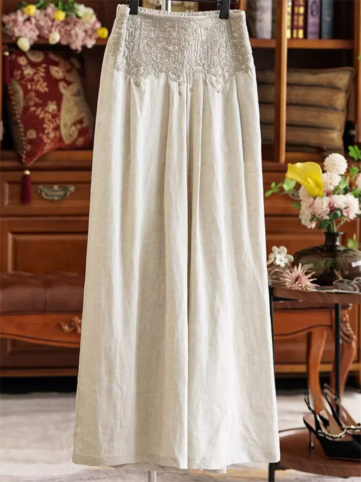 Women's Ethnic Style Embroidery Solid Color Elastic Waist Wide Leg Pants