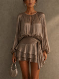 Women's Sweet Style Metallic Pleated Tiered Ruffle Mini Dress
