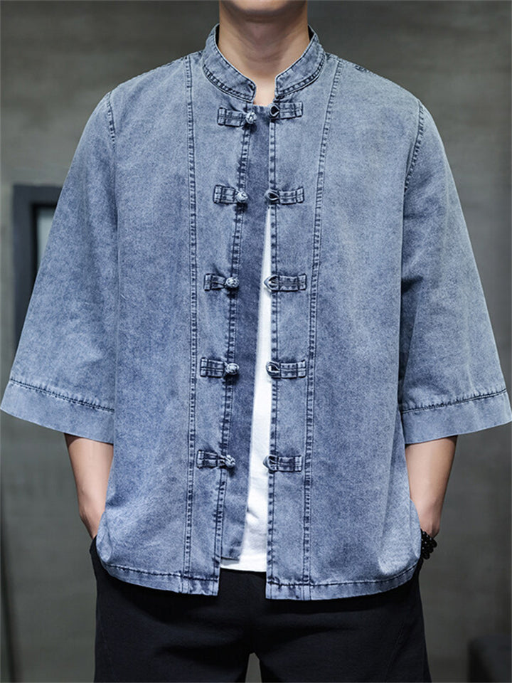 Chinese Style Retro Stand Collar Frog Button 3/4-sleeved Denim Shirt