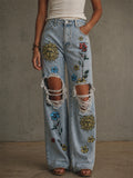Women's Boho Sun Flower Graphic Printed Ripped Wide Leg Jeans
