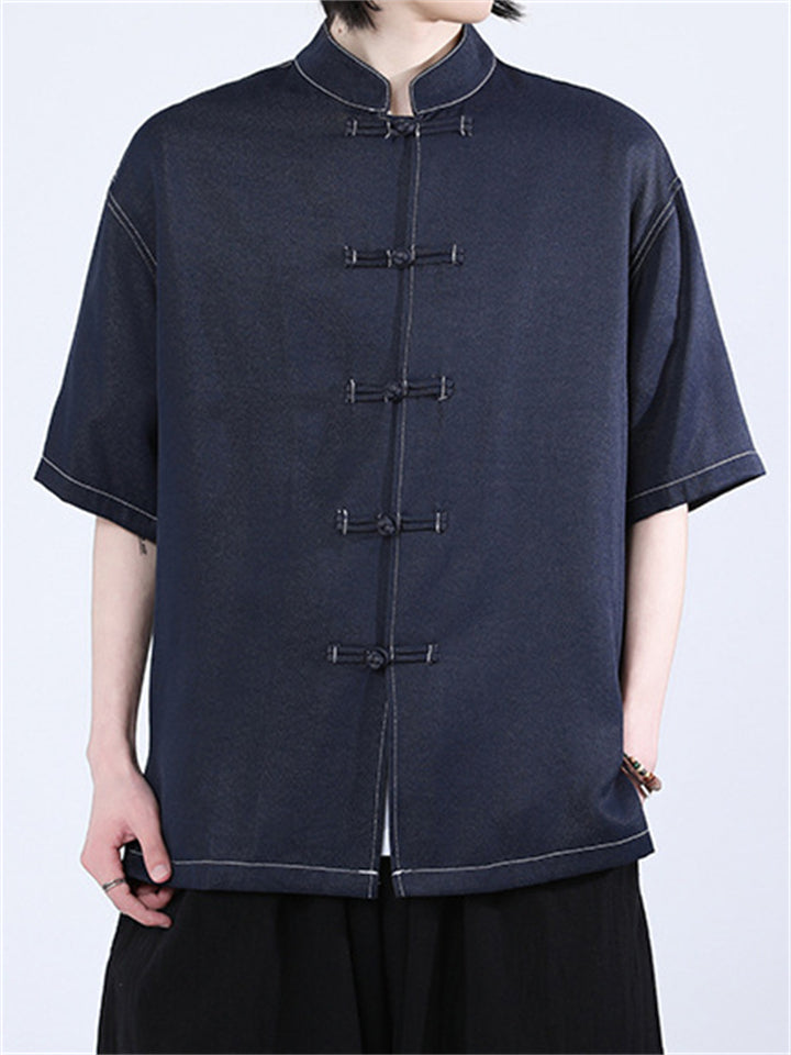 Oriental Style Casual Solid Color Short Sleeve Stand Collar Shirts for Men