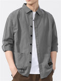 Men's Casual Solid Color Cotton 3/4 Sleeve Cargo Shirts