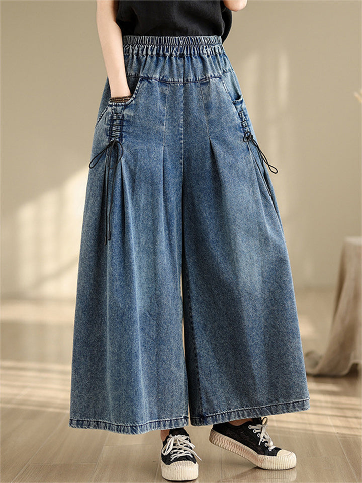 Loose Elastic Waist Wide Leg Jeans for Women