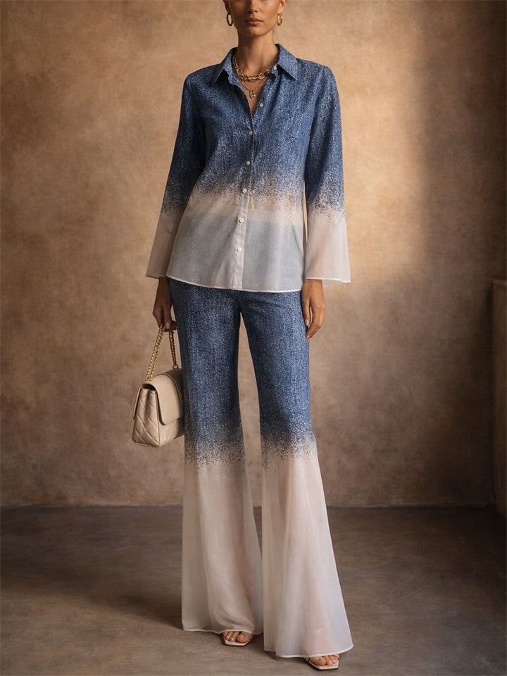 Women 2 Piece Blue Ombre Gradient Shirt and Wide Leg Pants Set