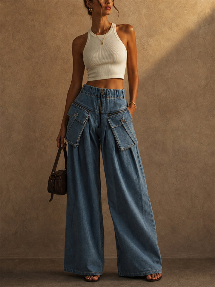 Women High Waist Cargo Wide Leg Denim Baggy Jeans
